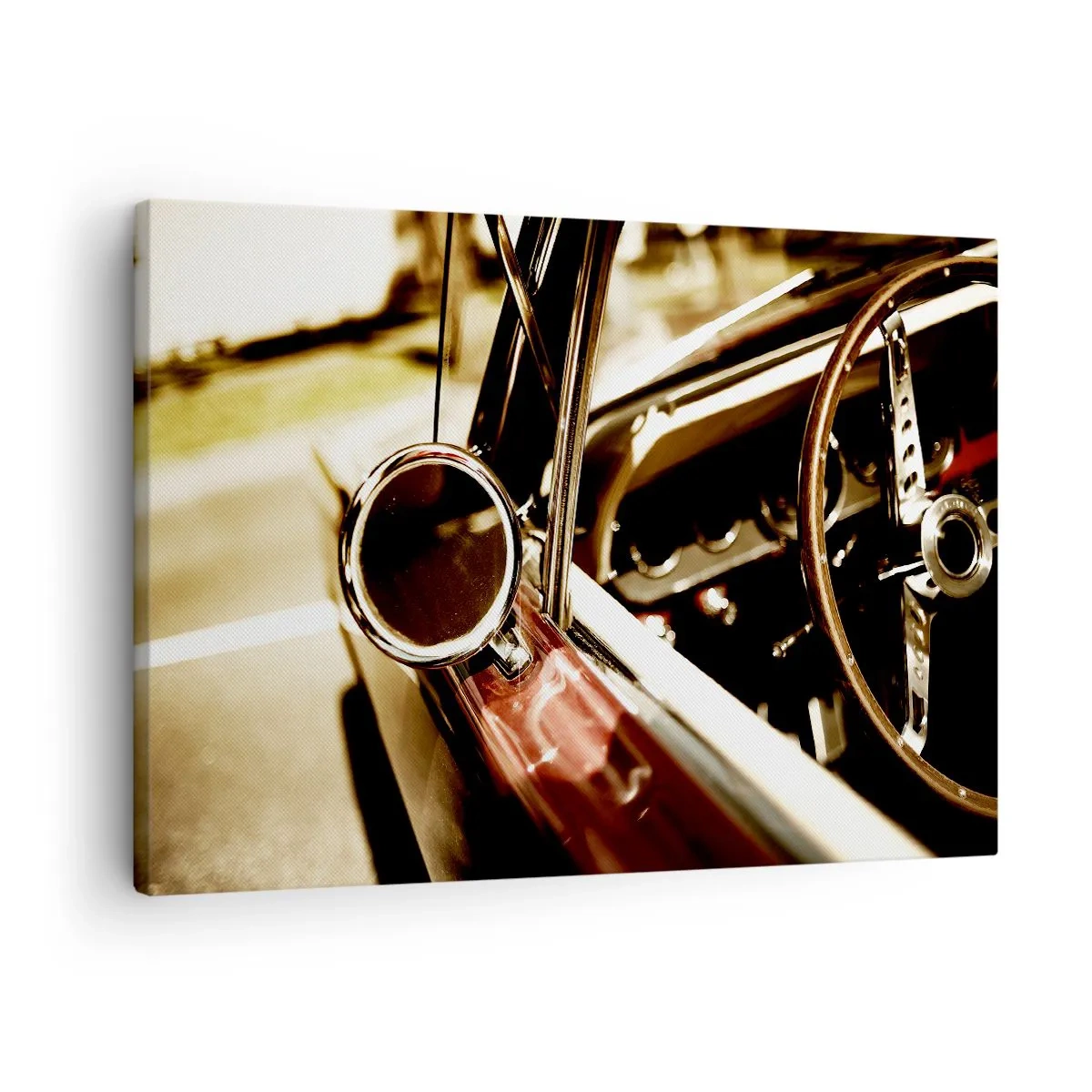 Obraz na plátně - Detail zrcadla a interiéru klasického retro auta - 70x50cm - Auto s duší - Moderní nástěnná dekorace do obývacího pokoje a ložnice ARTTOR