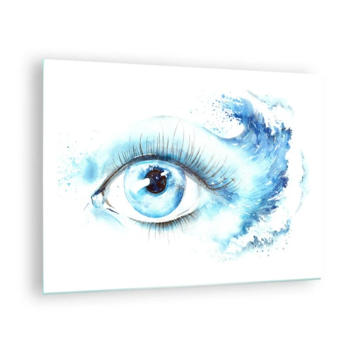 Obraz na skle - Modré oko v uměleckém akvarelu - 70x50cm - Ponořit se do modři pohledu - Moderní nástěnná dekorace do obývacího pokoje a ložnice ARTTOR