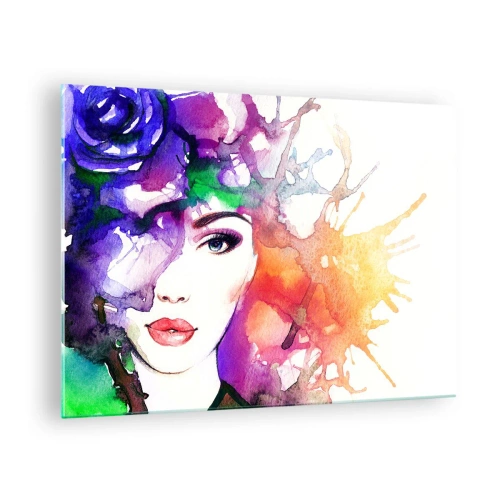 Obraz na skle - Žena s rozmazaným, barevným pozadím ve stylu akvarelu - 70x50cm - S hlavou v oblacích - Moderní nástěnná dekorace do obývacího pokoje a ložnice ARTTOR