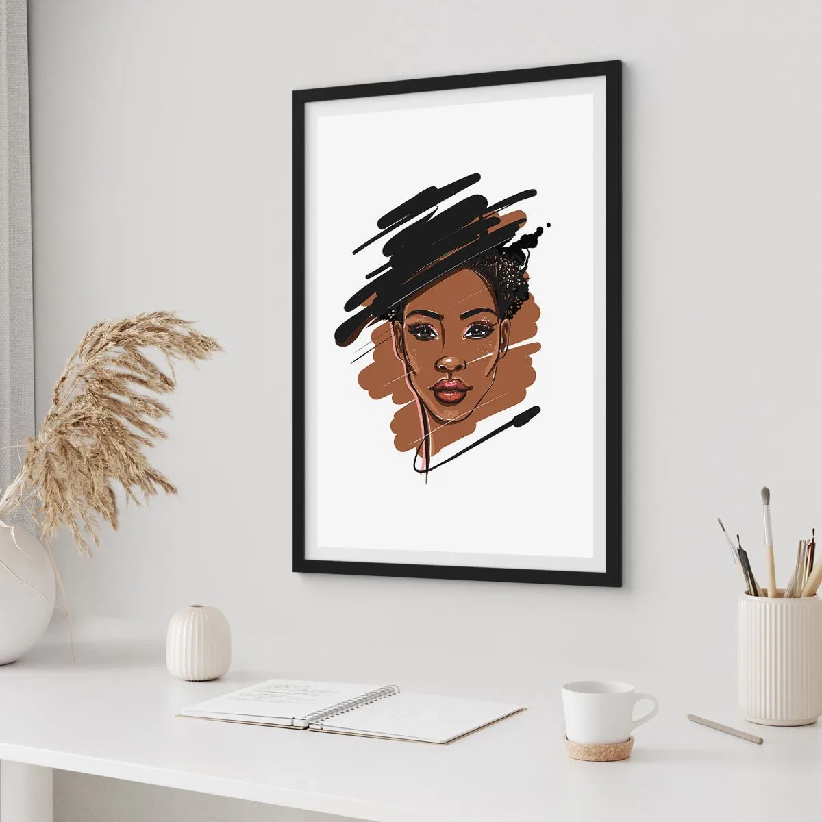Plakát v černém rámu - Stylizovaný portrét ženy v odstínech hnědé a černé - 50x70cm - Sladká jako čokoláda - Moderní nástěnná dekorace do obývacího pokoje a ložnice ARTTOR