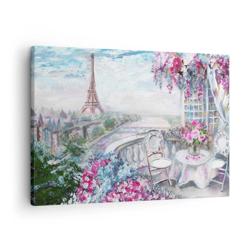 Obraz na plátně - Romantický výhled na Paříž s Eiffelovou věží a balkonem plným květin - 70x50cm - Nejkrásněji je tu v květnu - Moderní nástěnná dekorace do obývacího pokoje a ložnice ARTTOR