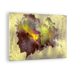 Obraz na skle - Profil ženské tváře plný přírody a barevných efektů. - 70x50cm - Matka příroda - Moderní nástěnná dekorace do obývacího pokoje a ložnice ARTTOR