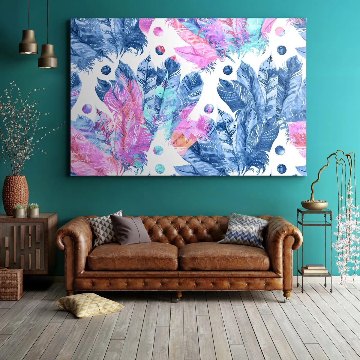 Obraz na plátně - Abstraktní vzor s barevným peřím v pastelových odstínech - 70x50cm - Chocholy v růžové a blankytné - Moderní nástěnná dekorace do obývacího pokoje a ložnice ARTTOR