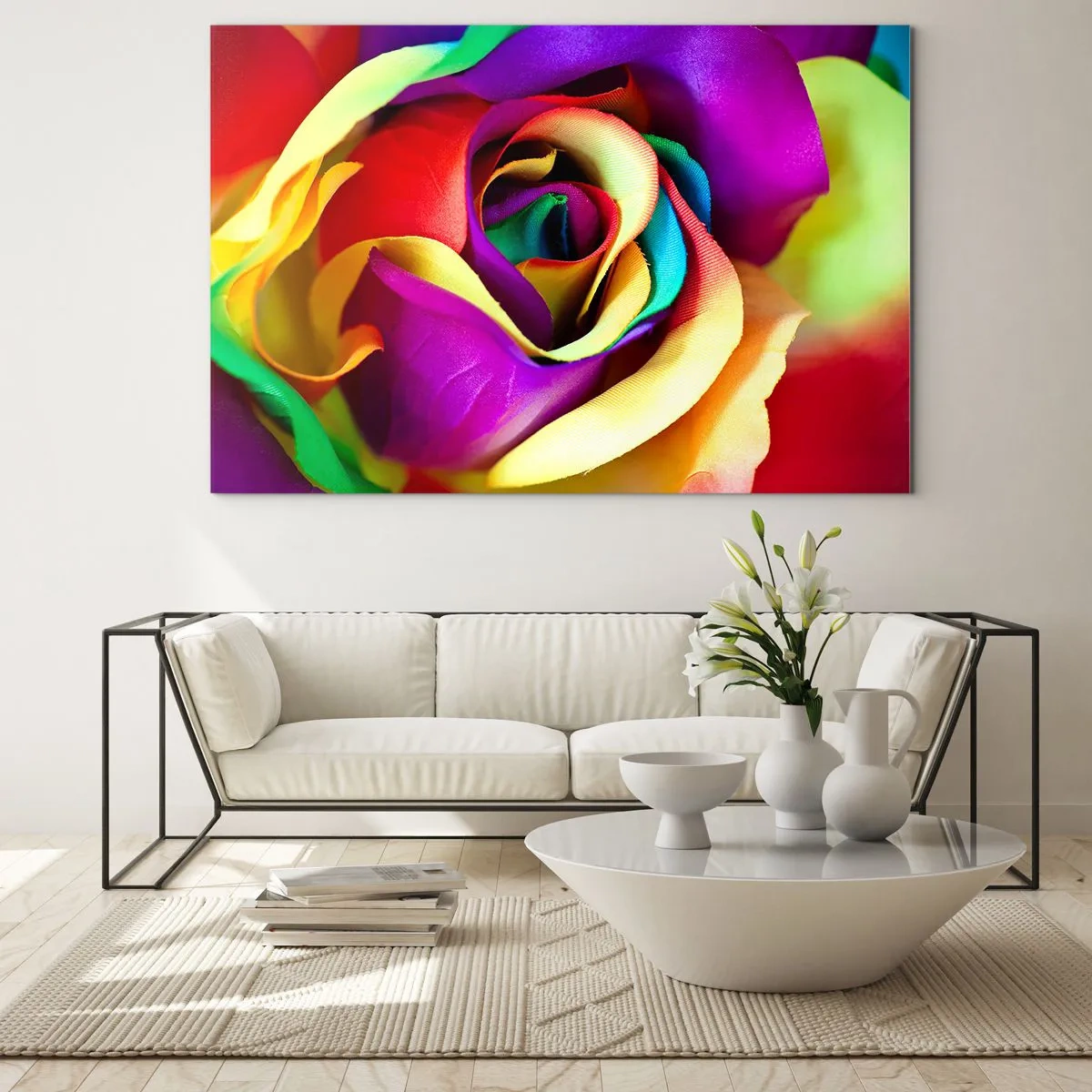Obraz na skle - Barevná růže v barvách duhy - 70x50cm - To není možné - Moderní nástěnná dekorace do obývacího pokoje a ložnice ARTTOR