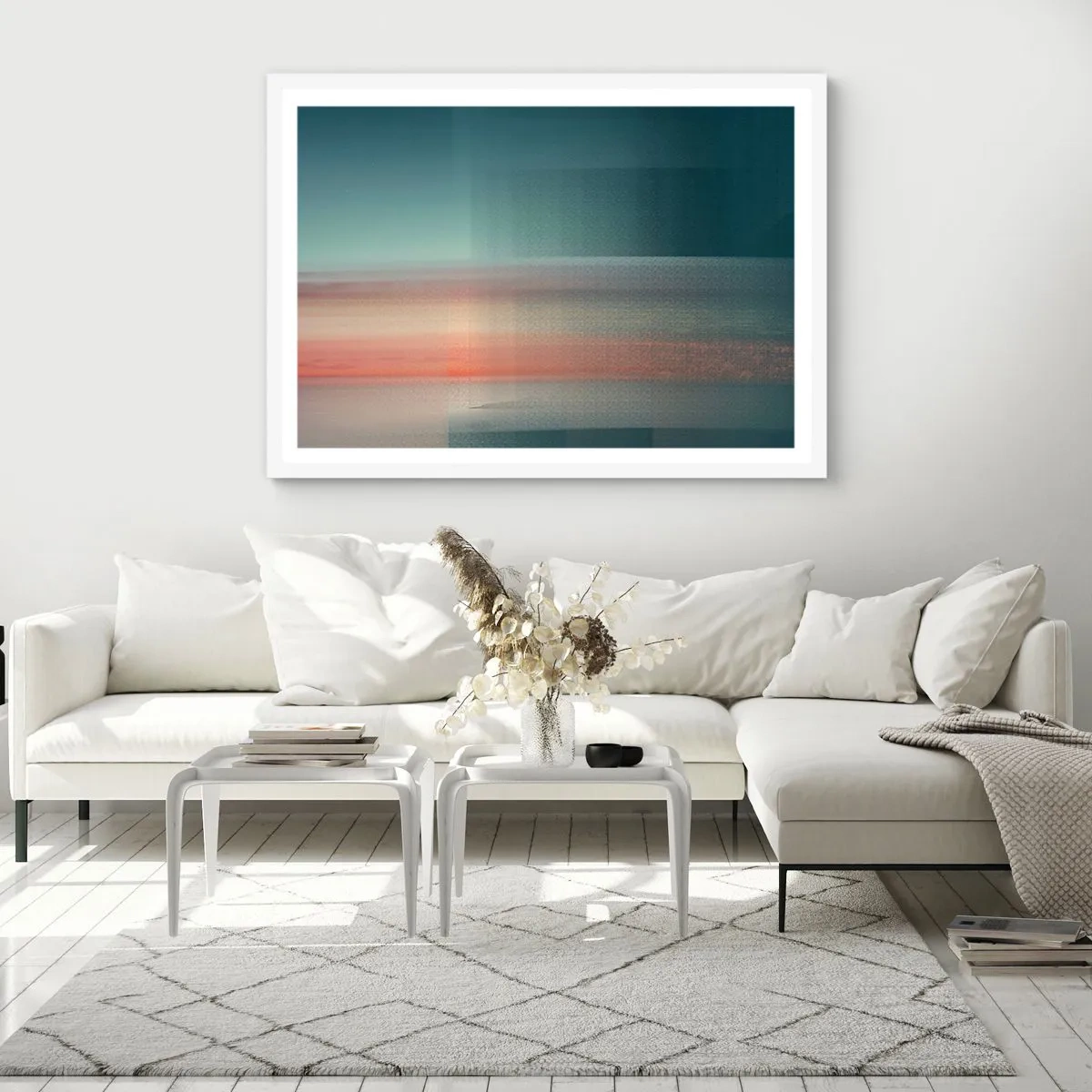 Plakát v bílém rámu - Abstrakce: vlny světla - 70x50 cm