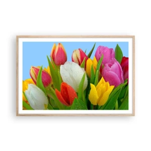 Plakát v rámu světlý dub - Květinová duha v kapkách rosy - 91x61 cm