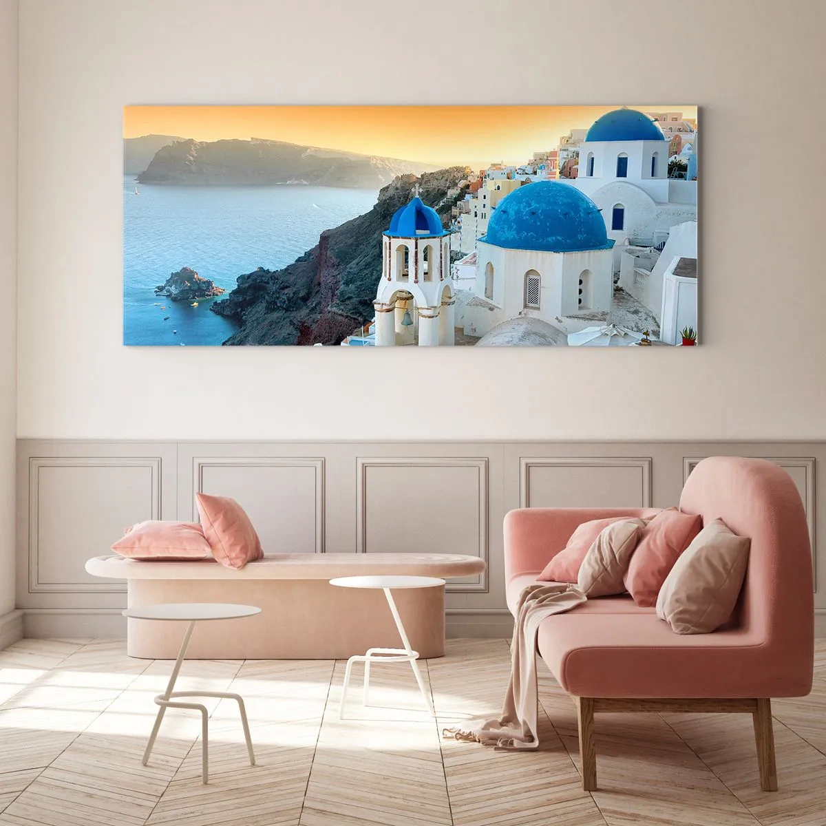 Obraz na skle - Santorini - přitulené ke skalám - 100x40 cm