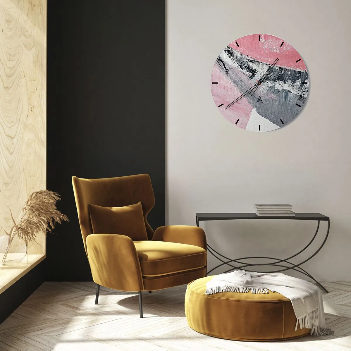 Nástěnné hodiny - Růžová a šedá abstrakce s dynamickými tahy štětcem - 30x30cm - Sladěná kompozice - Moderní nástěnná dekorace do obývacího pokoje, kuchyně a ložnice ARTTOR