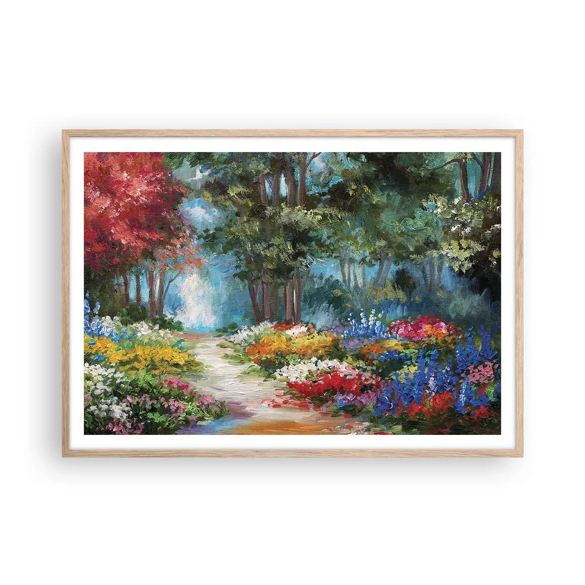 Plakát v rámu světlý dub - Lesní zahrada, květinový les - 100x70 cm