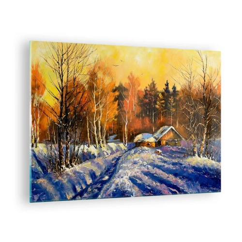 Obraz na skle - Zimní krajina s dřevěnou chatou při západu slunce - 70x50cm - Zimní imprese v slunci - Moderní nástěnná dekorace do obývacího pokoje a ložnice ARTTOR