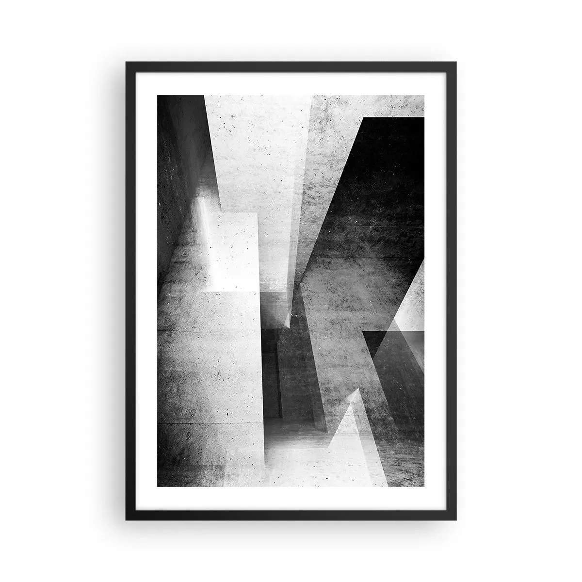 Plakát v černém rámu - Geometrická abstrakce v černé a bílé - 50x70cm - Struktura prostoru - Moderní nástěnná dekorace do obývacího pokoje a ložnice ARTTOR