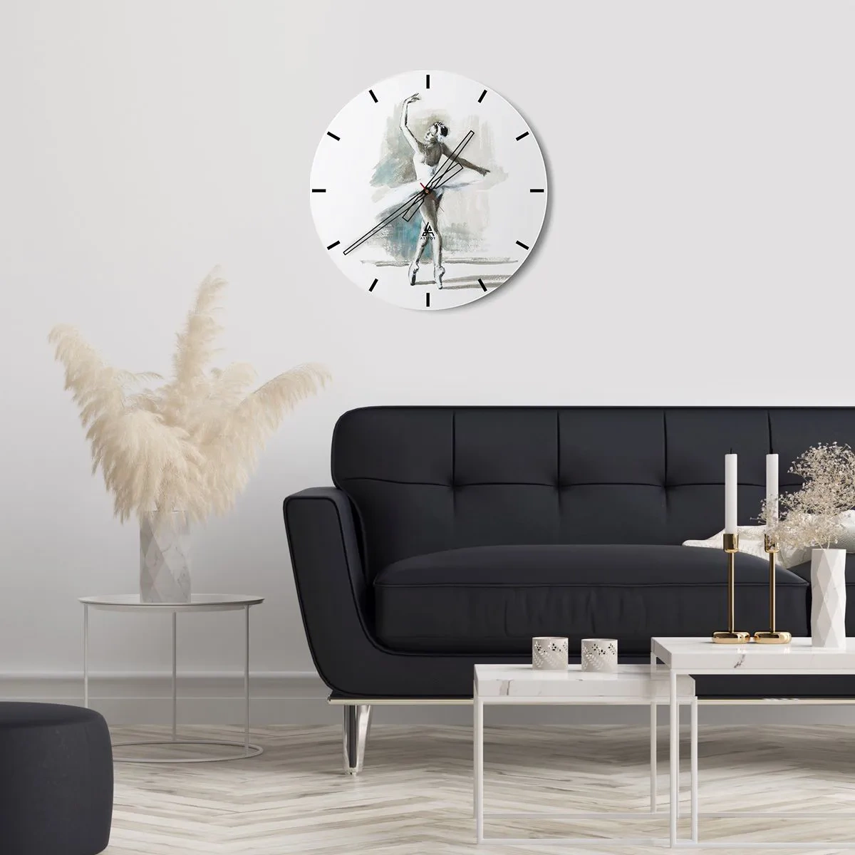 Nástěnné hodiny - Baletka v bílém oblečení zachycená v taneční póze - 30x30cm - Zakletá do labutě - Moderní nástěnná dekorace do obývacího pokoje, kuchyně a ložnice ARTTOR