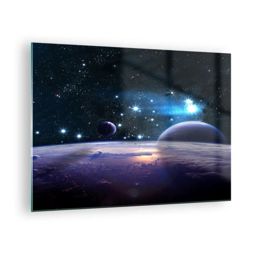 Obraz na skle - Vesmírná krajina s planetami a hvězdami na pozadí galaxie. - 70x50cm - Stále sami? - Moderní nástěnná dekorace do obývacího pokoje a ložnice ARTTOR