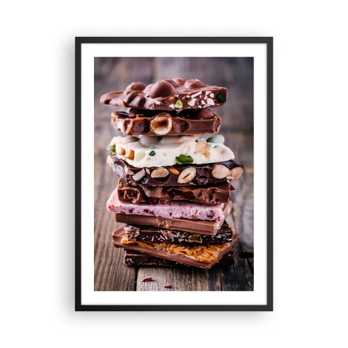 Plakát v černém rámu - Hromada čokoládových tyčinek s ořechy a ovocem - 50x70cm - Rozkošná perspektiva - Moderní nástěnná dekorace do obývacího pokoje a ložnice ARTTOR