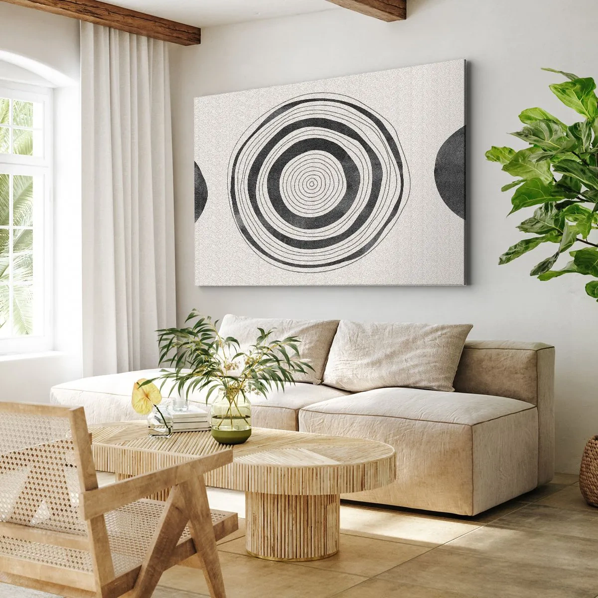 Obraz na plátně - Minimalistické černobílé kruhy na světlém pozadí - 70x50cm - Důležité je to, co je uprostřed - Moderní nástěnná dekorace do obývacího pokoje a ložnice ARTTOR