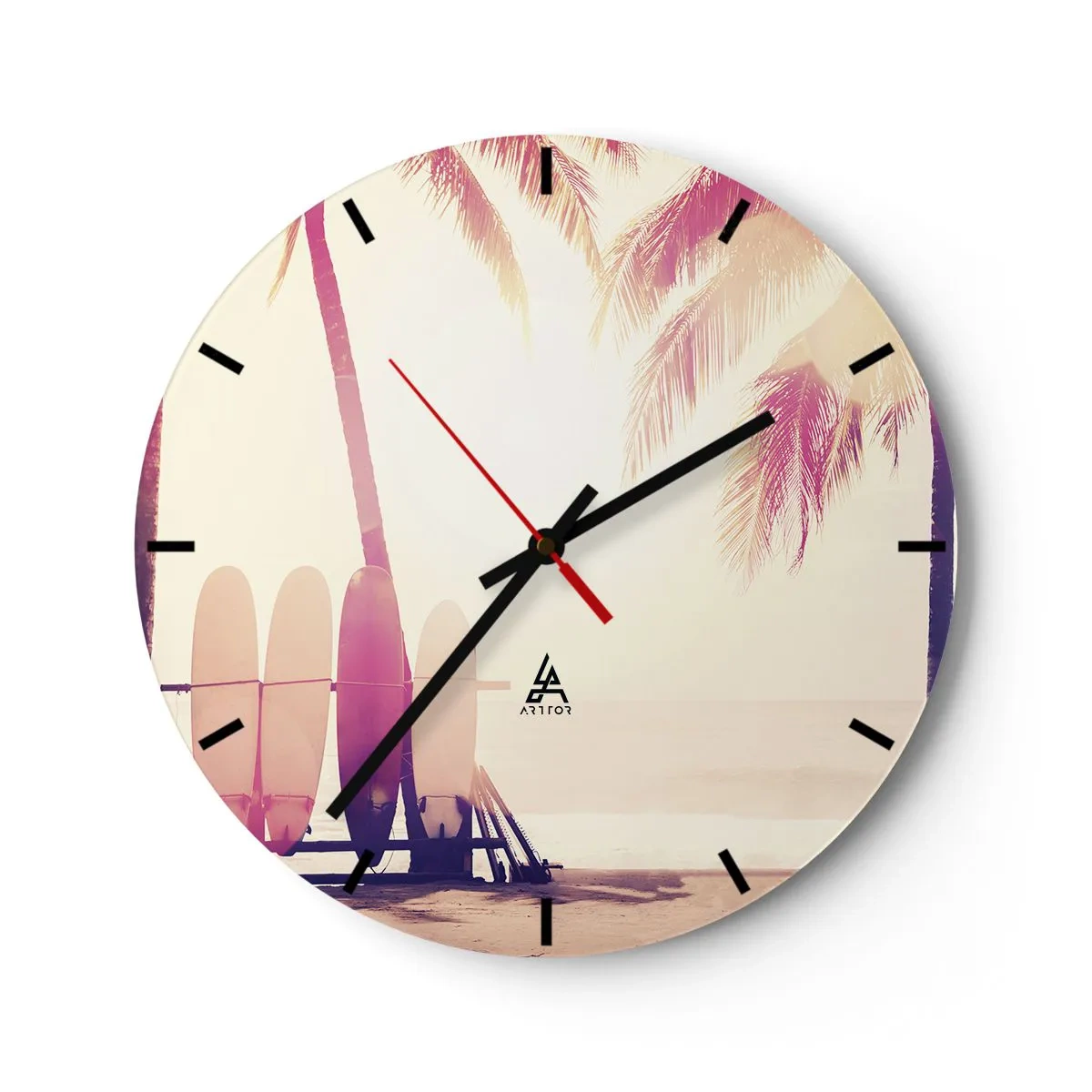 Nástěnné hodiny - Surfovací prkna a palmy na pláži za úsvitu - 30x30cm - Bude to skvělý den - Moderní nástěnná dekorace do obývacího pokoje, kuchyně a ložnice ARTTOR
