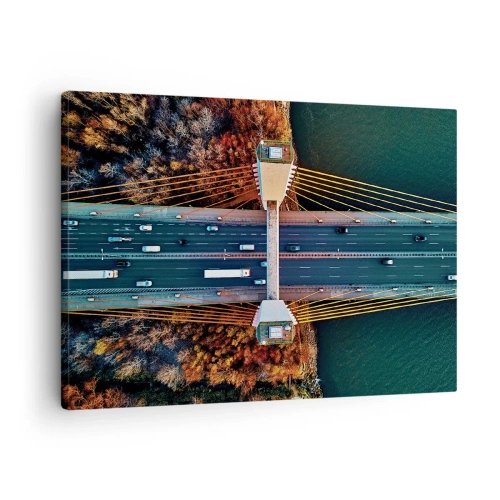 Obraz na plátně - Letecký pohled na most přes řeku a podzimní krajinu - 70x50cm - Za vodami, za lesy - Moderní nástěnná dekorace do obývacího pokoje a ložnice ARTTOR