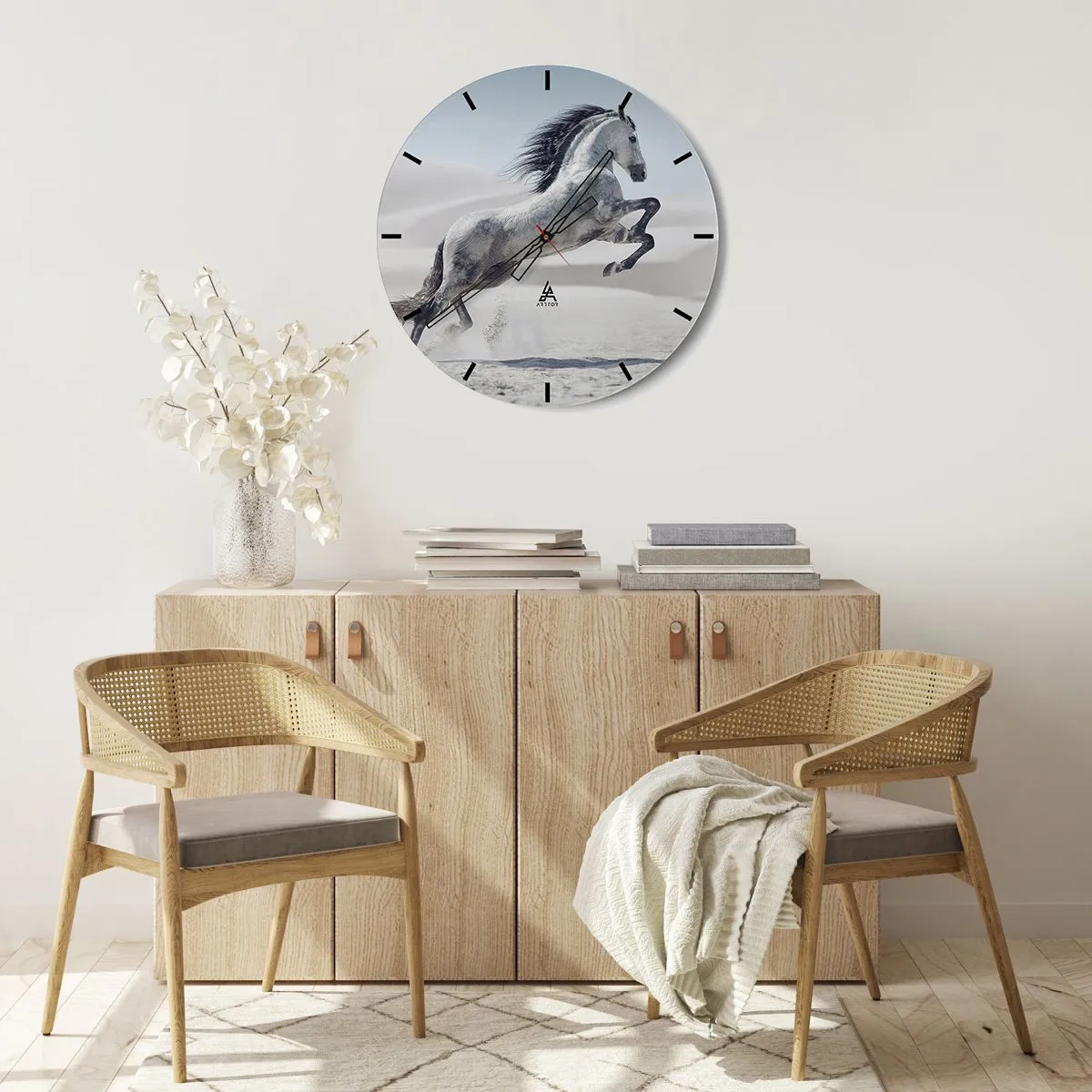 Nástěnné hodiny - Skákající arabský kůň na pozadí pouště - 30x30cm - Arabský kníže - Moderní nástěnná dekorace do obývacího pokoje, kuchyně a ložnice ARTTOR