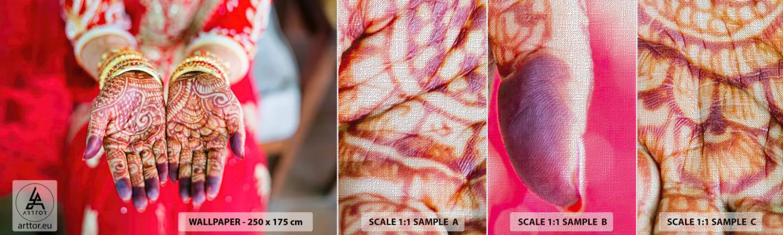 Vzor Fototapety Premium Canvas - Připravená chytit štěstí - ženské ruce, Orientální vzory, Indie - 100x30 cm