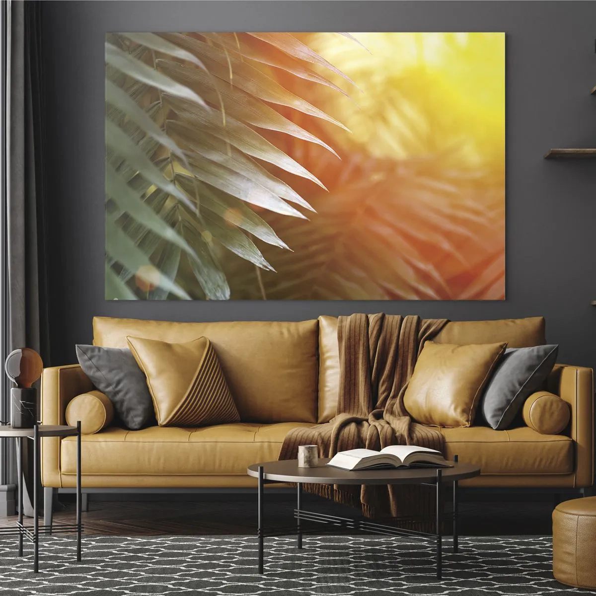 Obraz na skle - Palmové listy v záři ranního slunce v tropickém prostředí - 70x50cm - Ráno v džungli - Moderní nástěnná dekorace do obývacího pokoje a ložnice ARTTOR