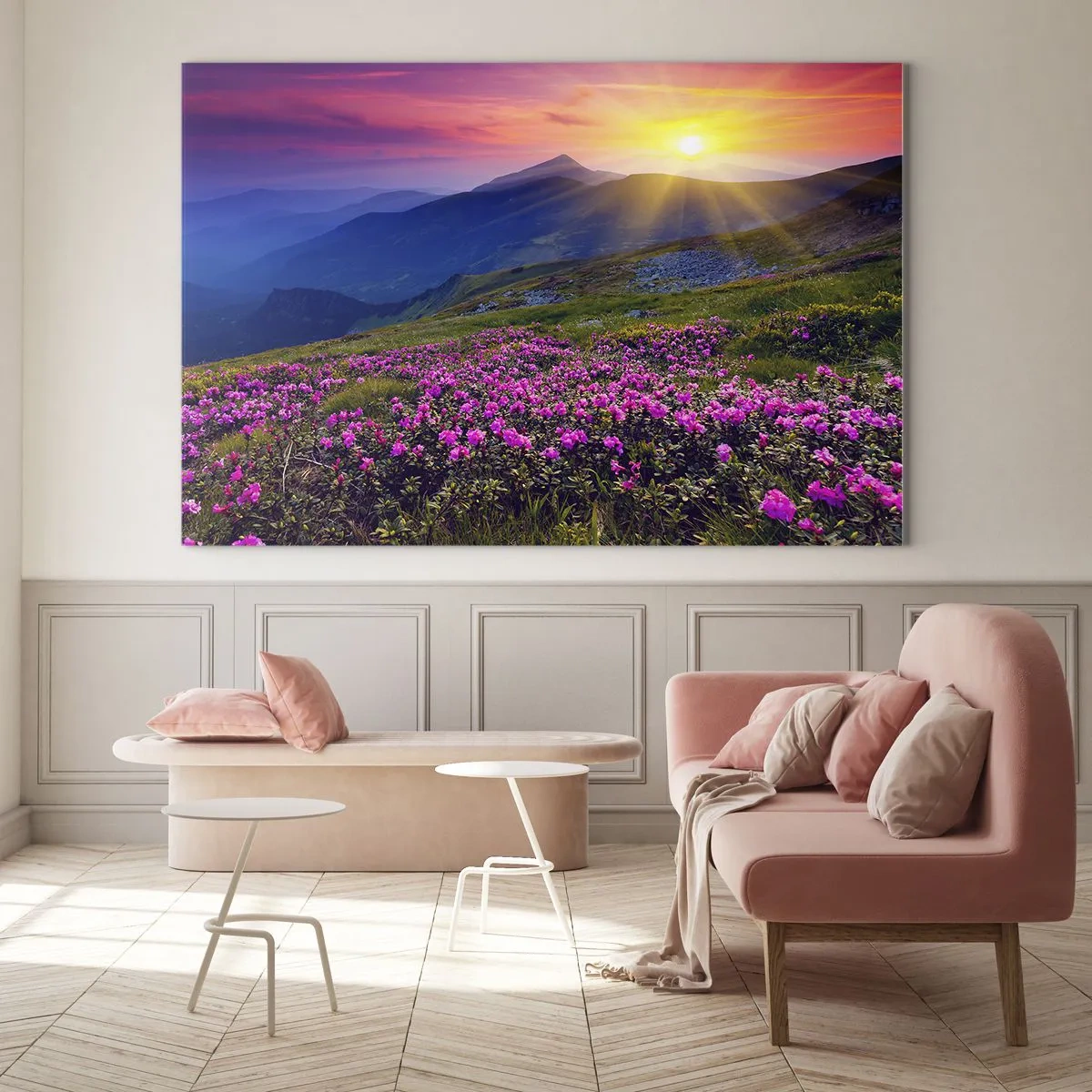 Obraz na skle - Květinové louky v horách při východu slunce - 70x50cm - …A kolem voní kosodřevina a voní byliny - Moderní nástěnná dekorace do obývacího pokoje a ložnice ARTTOR