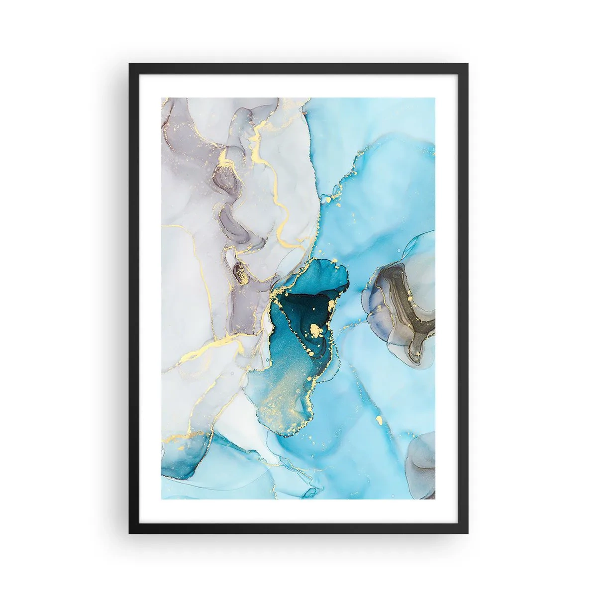 Plakát v černém rámu - Abstraktní kompozice v odstínech modré s jemnými zlatými akcenty. - 50x70cm - Studie o setkání šedé a tyrkysové - Moderní nástěnná dekorace do obývacího pokoje a ložnice ARTTOR