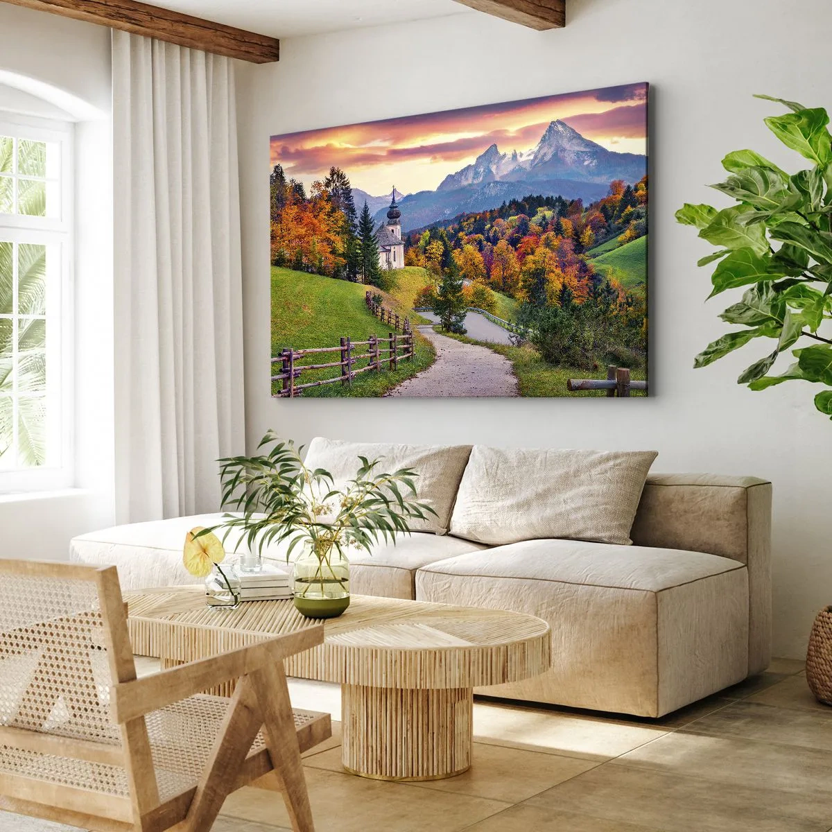 Obraz na plátně - Podzimní horská krajina s kaplí a západem slunce - 70x50cm - Naprosto ideální krajina - Moderní nástěnná dekorace do obývacího pokoje a ložnice ARTTOR