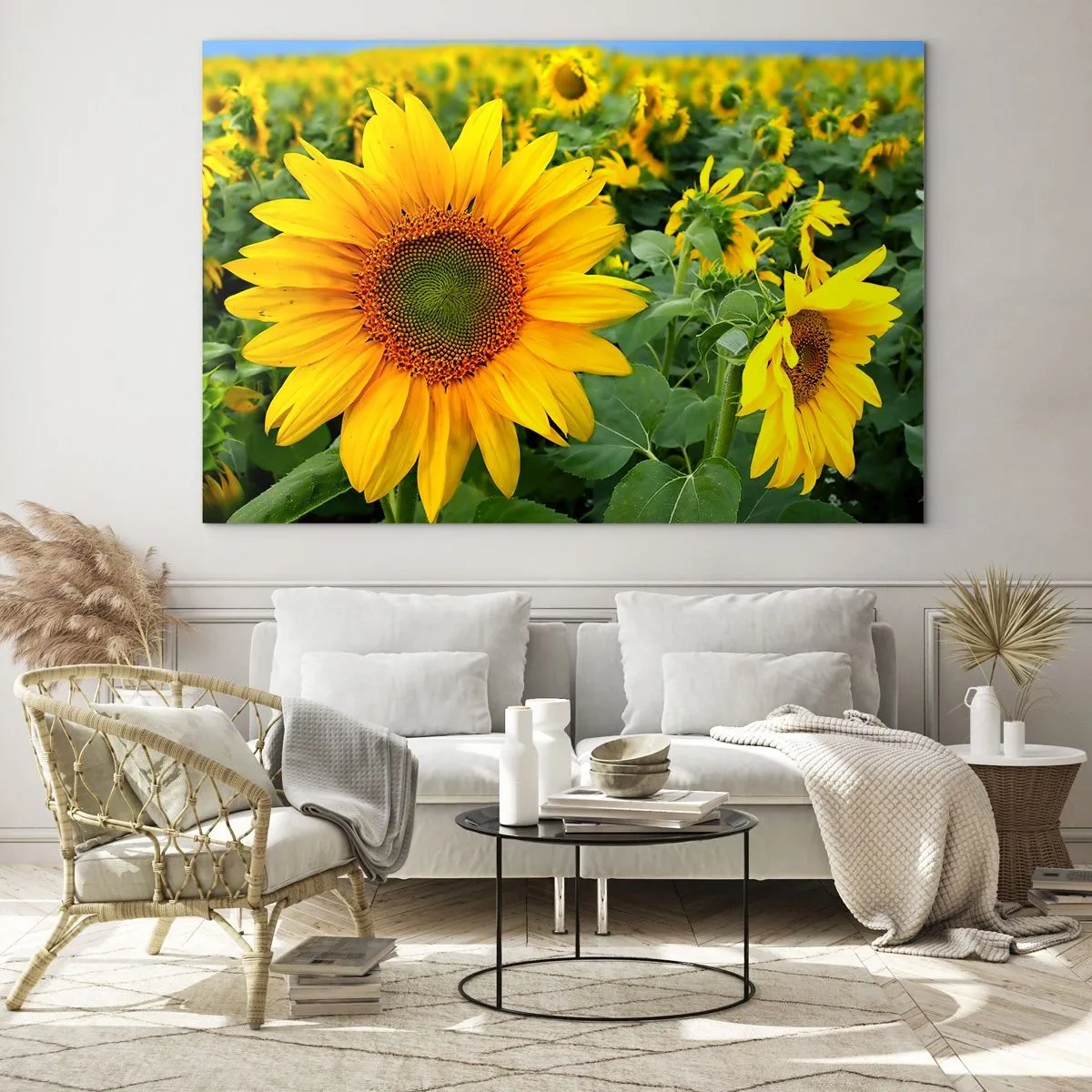 Obraz na skle - Pole slunečnic v plném květu pod modrou oblohou - 70x50cm - Zahořely stovky sluncí - Moderní nástěnná dekorace do obývacího pokoje a ložnice ARTTOR