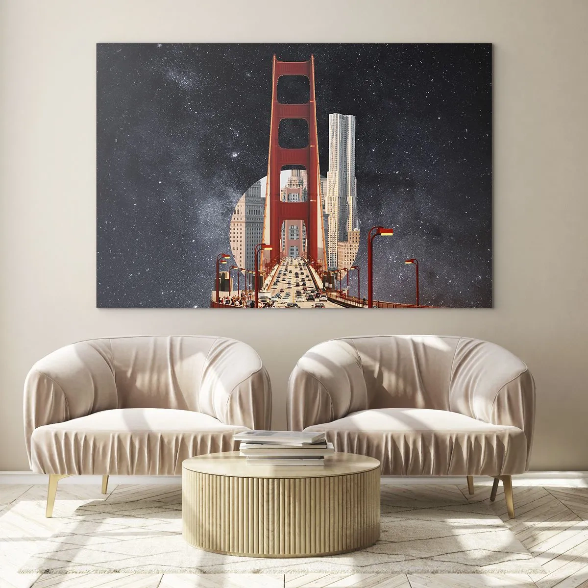 Obraz na skle - Most a mrakodrapy v surrealistickém galaxii pozadí - 70x50cm - Vždy uprostřed - Moderní nástěnná dekorace do obývacího pokoje a ložnice ARTTOR