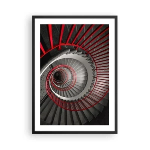 Plakát v černém rámu - Točité schodiště v černé a bílé barvě s červeným zábradlím - 50x70cm - Architektonické hry - Moderní nástěnná dekorace do obývacího pokoje a ložnice ARTTOR