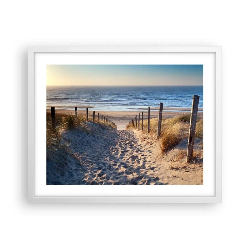 Plakát v bílém rámu - Šumění moře, zpěv ptáků, divoká pláž uprostřed trávy… - 50x40 cm