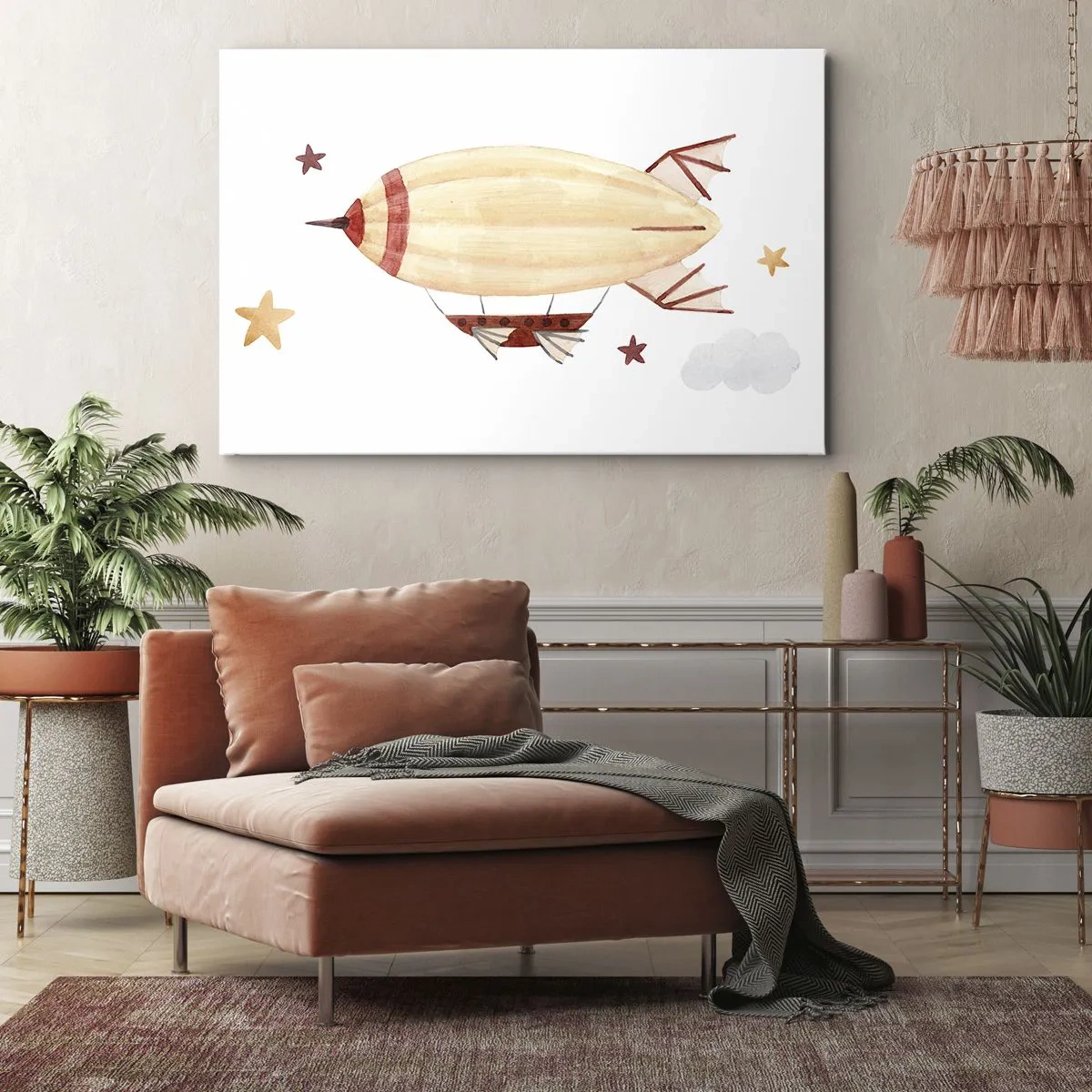 Obraz na plátně - Ručně malovaná vzducholoď na pozadí hvězd - 70x50cm - Vzducholoď - Moderní nástěnná dekorace do obývacího pokoje a ložnice ARTTOR
