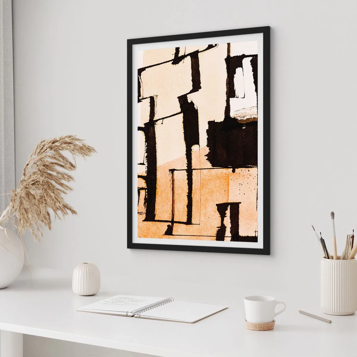 Plakát v černém rámu - Abstraktní kompozice geometrických tvarů v odstínech béžové a černé. - 50x70cm - Avšak pořádek - Moderní nástěnná dekorace do obývacího pokoje a ložnice ARTTOR