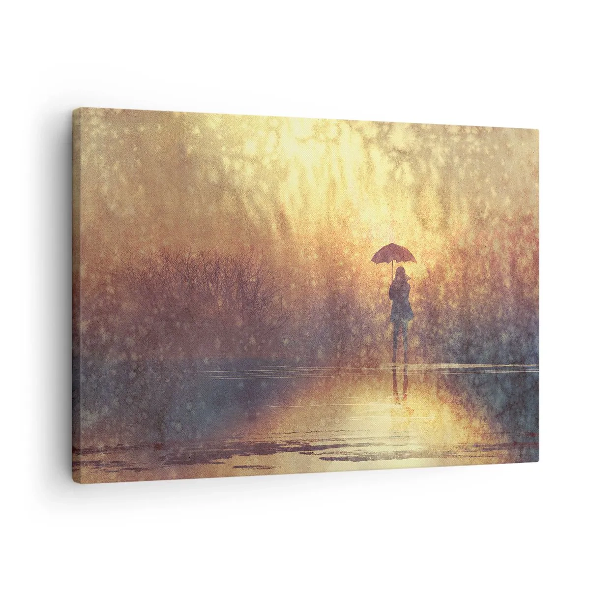 Obraz na plátně - Postava s deštníkem v mlhavé krajině plné odrazů - 70x50cm - Cítím, že se na mě někdo dívá - Moderní nástěnná dekorace do obývacího pokoje a ložnice ARTTOR