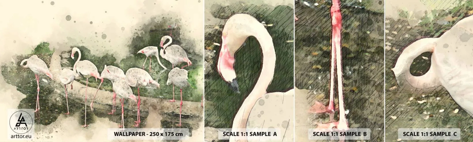 Vzor Fototapety Samolepicí Deluxe Sticker - Exotický sen - Ptactvo, Plameňáci, Příroda - 100x30 cm