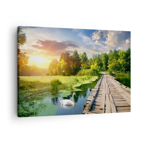Obraz na plátně - Malebná krajina s mostem a labutí - 70x50cm - Léto, léto všude - Moderní nástěnná dekorace do obývacího pokoje a ložnice ARTTOR