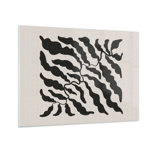 Obraz na skle - Botanická kresba s organickými černými listy - 70x50cm - Povaha čtverce - Moderní nástěnná dekorace do obývacího pokoje a ložnice ARTTOR