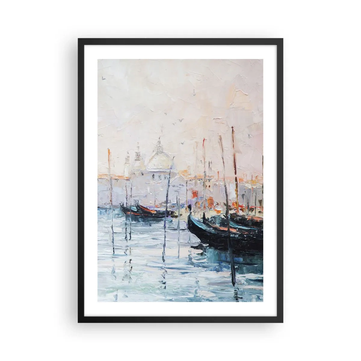 Plakát v černém rámu - Benátky s gondolami v impresionistickém malířském stylu - 50x70cm - Za vodou, za mlhou - Moderní nástěnná dekorace do obývacího pokoje a ložnice ARTTOR