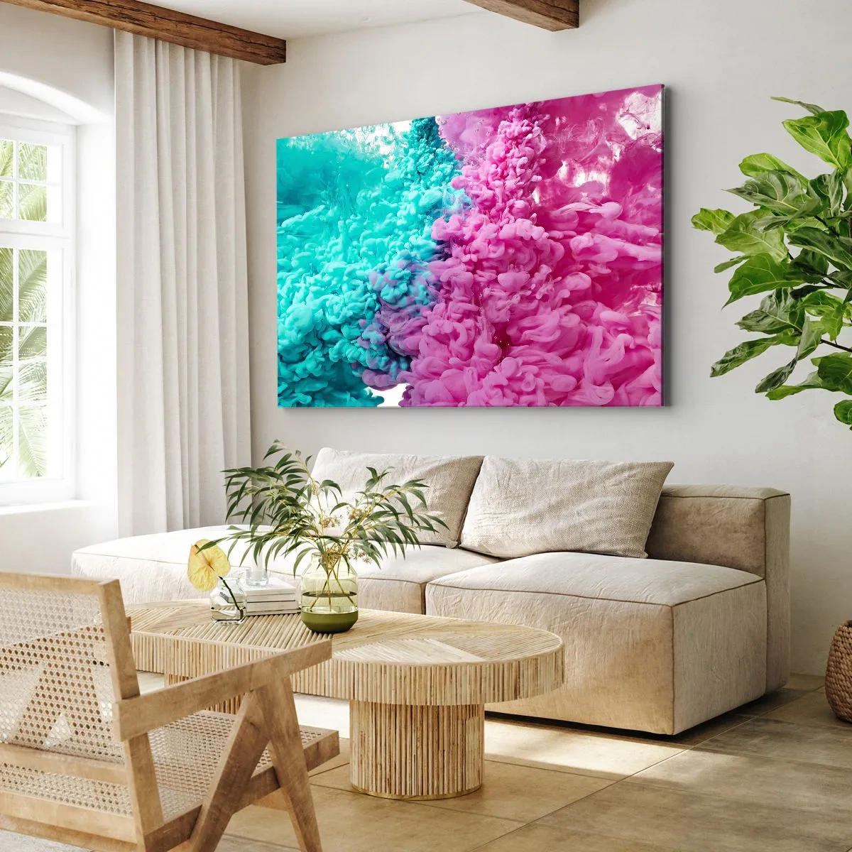 Obraz na plátně - Barevné vlny tyrkysové a růžové v abstraktní podobě - 70x50cm - Rozhodující střet - Moderní nástěnná dekorace do obývacího pokoje a ložnice ARTTOR