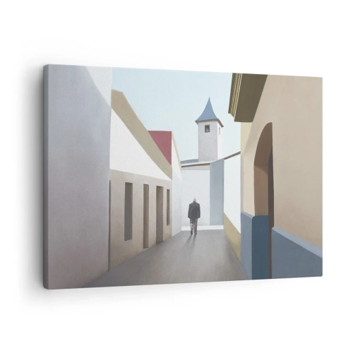 Obraz na plátně - Minimalistická ulice se siluetou muže v pozadí - 70x50cm - Slunečná procházka - Moderní nástěnná dekorace do obývacího pokoje a ložnice ARTTOR