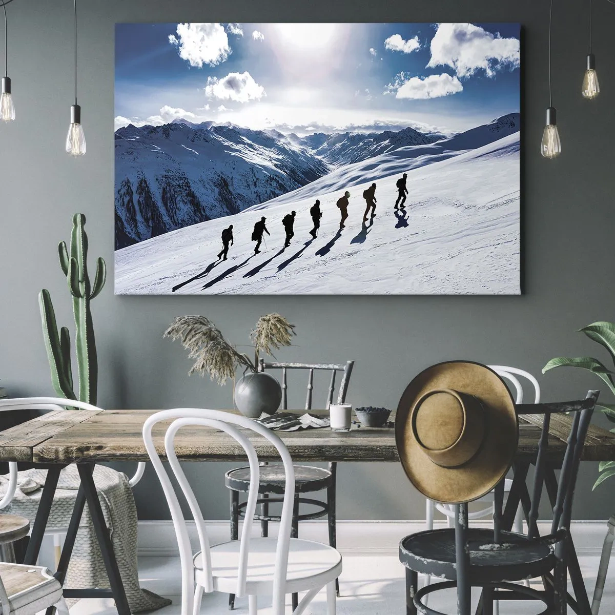 Obraz na plátně - Skupina horolezců stoupá po zasněženém svahu - 70x50cm - Tým dobývatelů - Moderní nástěnná dekorace do obývacího pokoje a ložnice ARTTOR