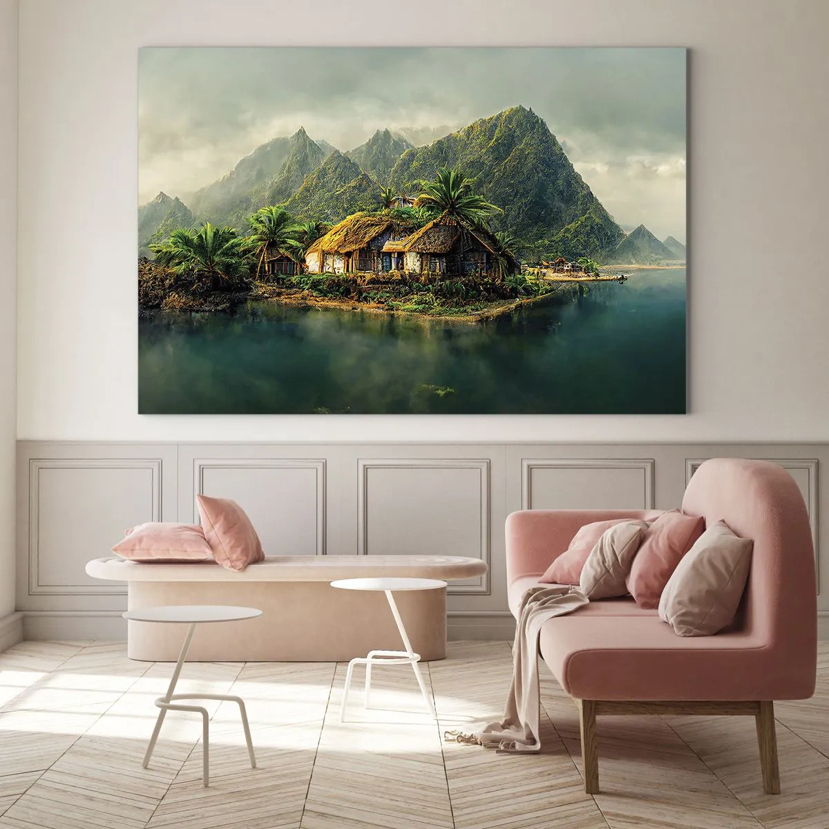 Obraz na skle - Tropická vesnice u vody obklopená horami a palmami - 70x50cm - Tropický ráj - Moderní nástěnná dekorace do obývacího pokoje a ložnice ARTTOR