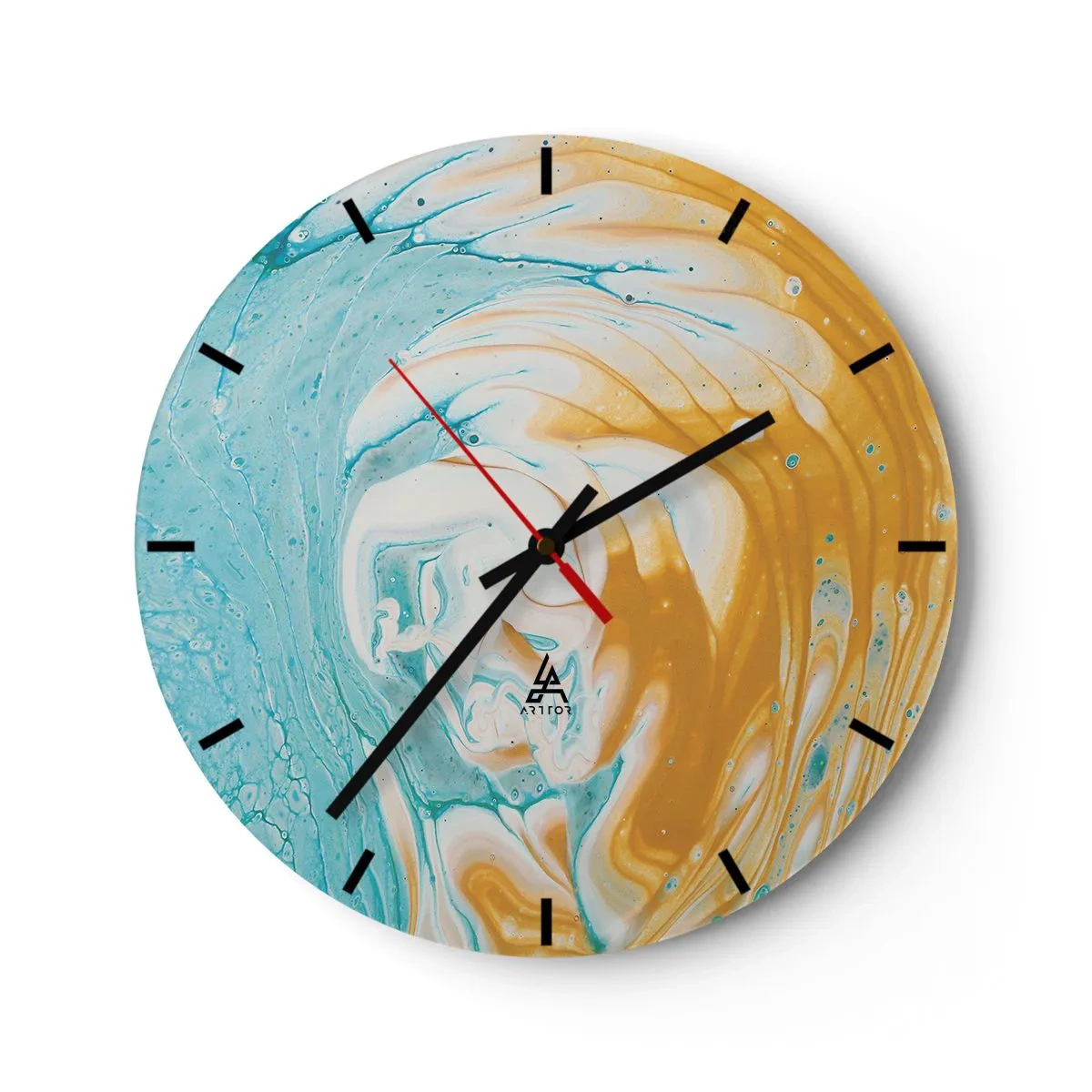 Nástěnné hodiny - Abstraktní vír v odstínech modré, bílé a oranžové. - 30x30cm - Pastelový vír - Moderní nástěnná dekorace do obývacího pokoje, kuchyně a ložnice ARTTOR