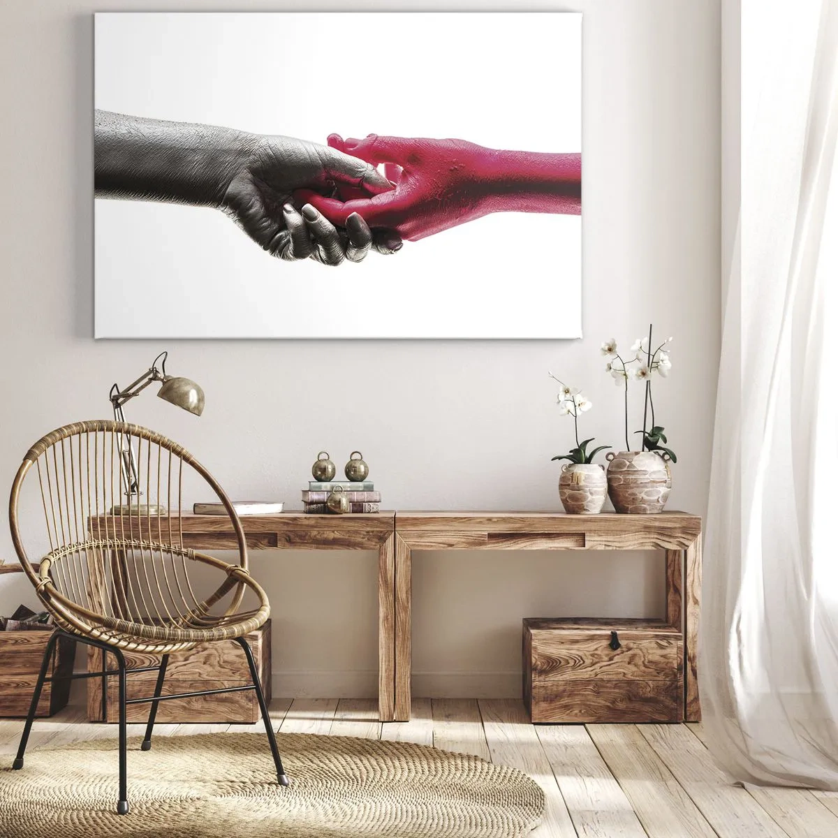 Obraz na plátně - Symbolické ruce ve stříbrné a červené barvě - 70x50cm - Spolu i když jsme odlišní - Moderní nástěnná dekorace do obývacího pokoje a ložnice ARTTOR