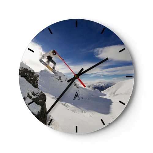Nástěnné hodiny - Snowboardista v akci s horami v pozadí - 30x30cm - Svoboda bez hranic - Moderní nástěnná dekorace do obývacího pokoje, kuchyně a ložnice ARTTOR