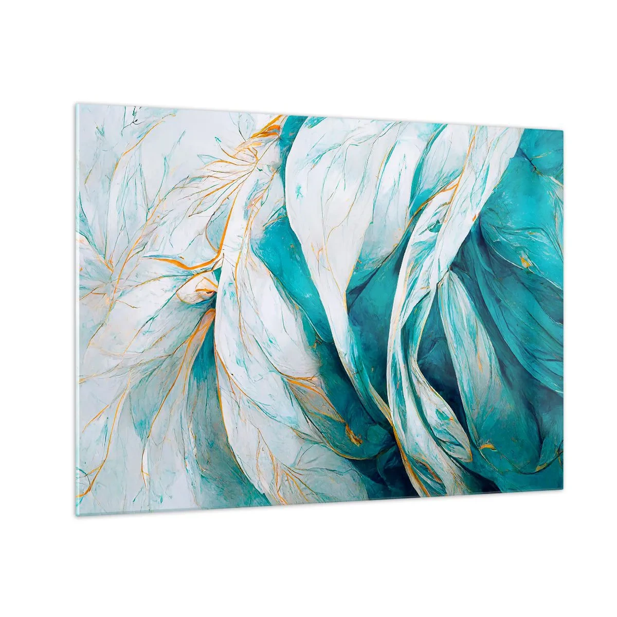 Obraz na skle - Organická abstrakce v modrých a zlatých liniích - 70x50cm - Modrá abstrakce se zlatým motivem - Moderní nástěnná dekorace do obývacího pokoje a ložnice ARTTOR