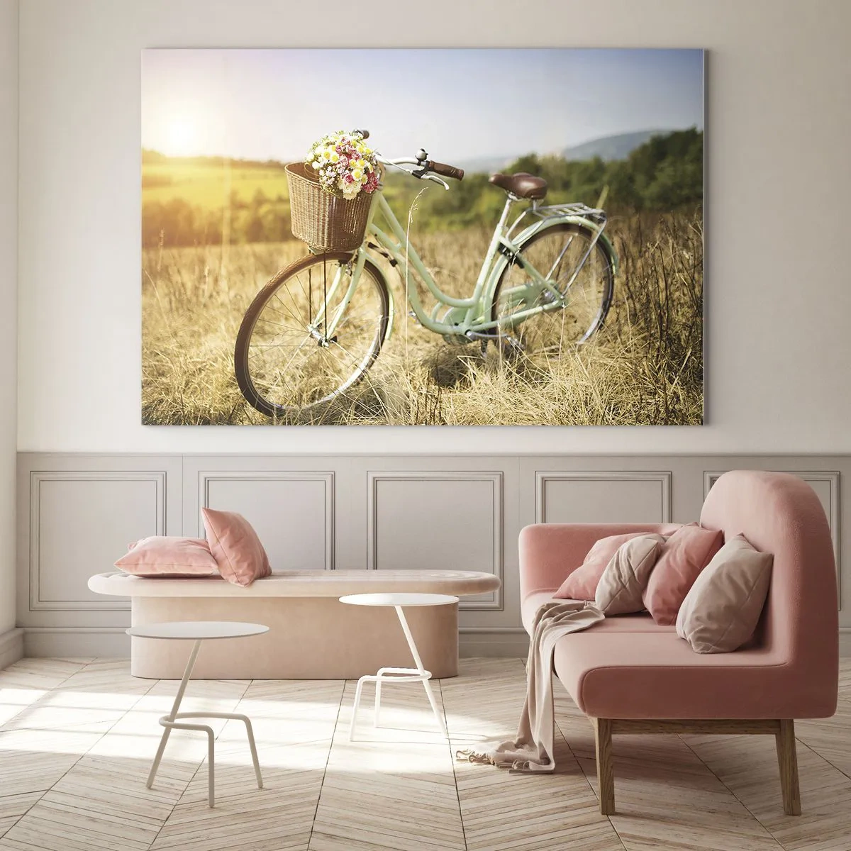 Obraz na skle - Retro kolo s květinami na přírodním pozadí - 70x50cm - Chvíli tu zůstanu - Moderní nástěnná dekorace do obývacího pokoje a ložnice ARTTOR