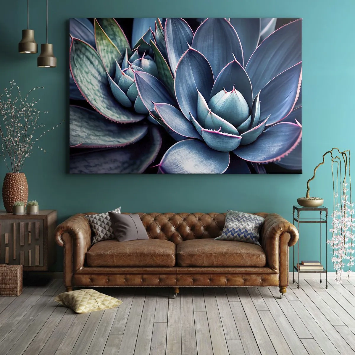 Obraz na plátně - Agáve v odstínech modré a zelené s růžovými akcenty - 70x50cm - Vitální síla - Moderní nástěnná dekorace do obývacího pokoje a ložnice ARTTOR