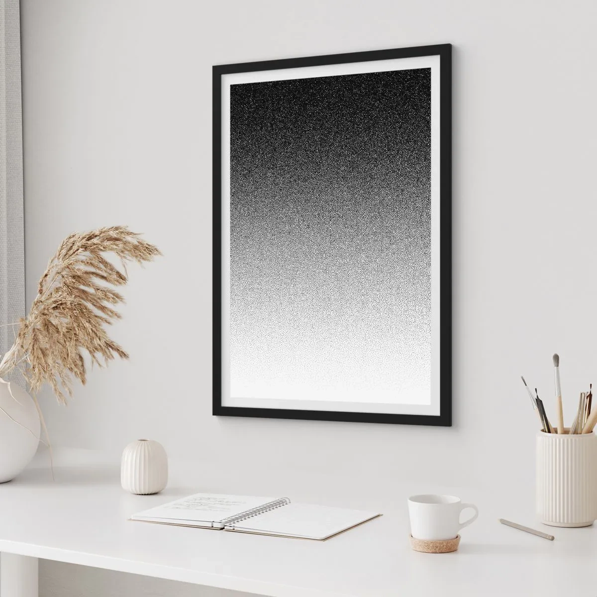 Plakát v černém rámu - Minimalistický černobílý gradient v tečkovaném vzoru - 50x70cm - Směrem ke světlu - Moderní nástěnná dekorace do obývacího pokoje a ložnice ARTTOR