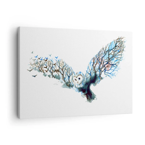 Obraz na plátně - Umělecká grafika sovy s roztaženými křídly - 70x50cm - Na křídlech lesa - Moderní nástěnná dekorace do obývacího pokoje a ložnice ARTTOR